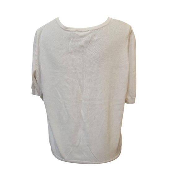 Vintage Women's White Short Sleeve Cardigan Sweater XL Black Lace Appliques - Picture 3 of 6